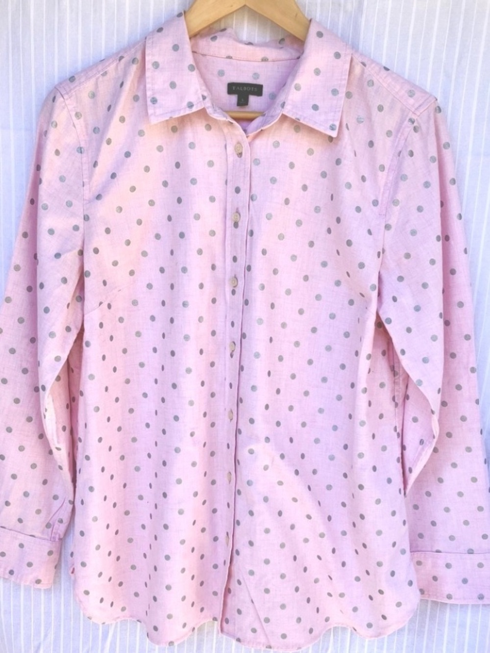 Talbots Light Pastel Pink Button Down Cotton Shirt Foil Polka Dots Preppy